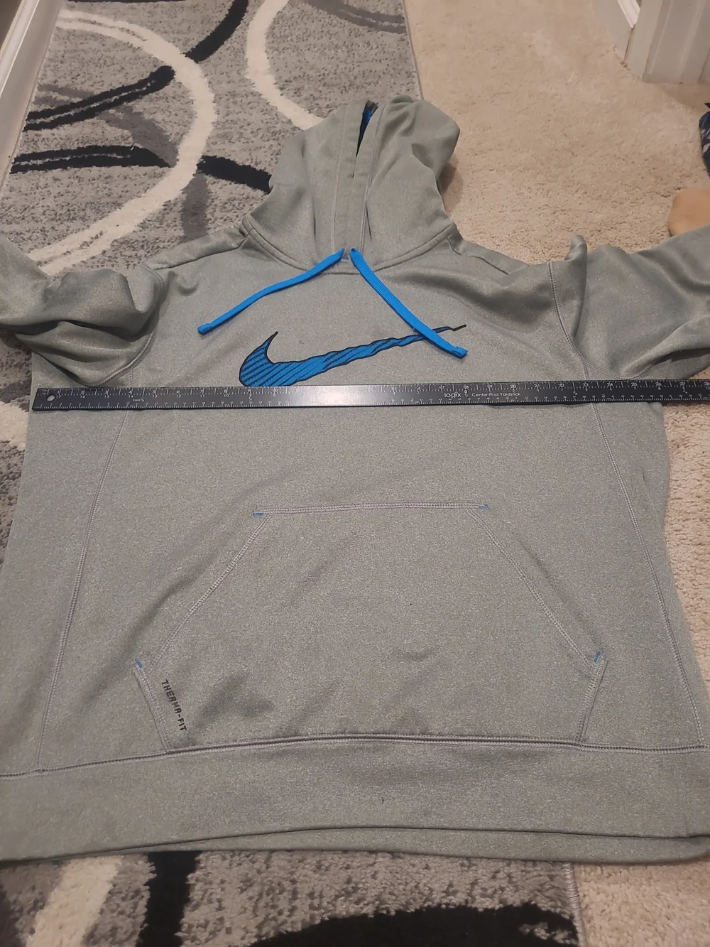 Nike Mens Hoodie Therma-FIT Pullover Gray Blue XL Swoosh Graphic Sweatshirt